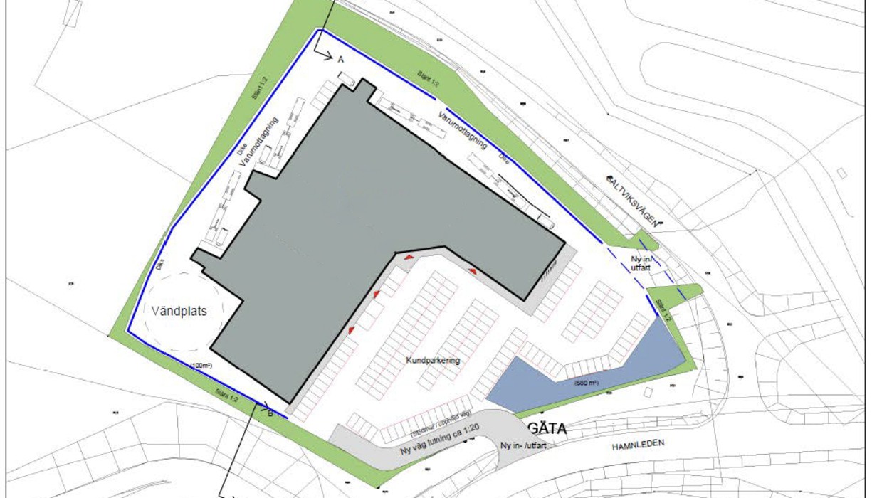 skiss med en stor byggnad inritad