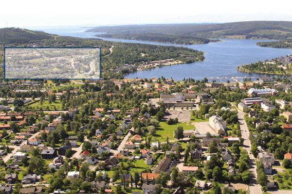 flygbild över en stad med ett område markerat med en ruta