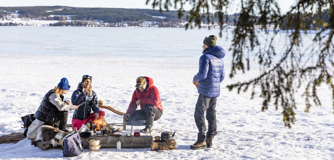 Fyra vänner grillar på isen en solig dag på sjön