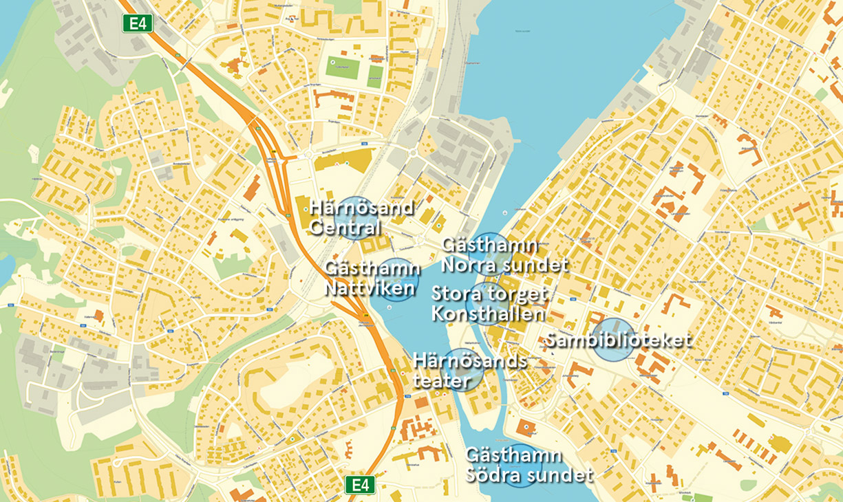 Karta över platser med fritt wifi i Härnösand.