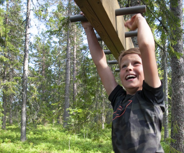 en pojke går armgång på en klätterställning i skogen