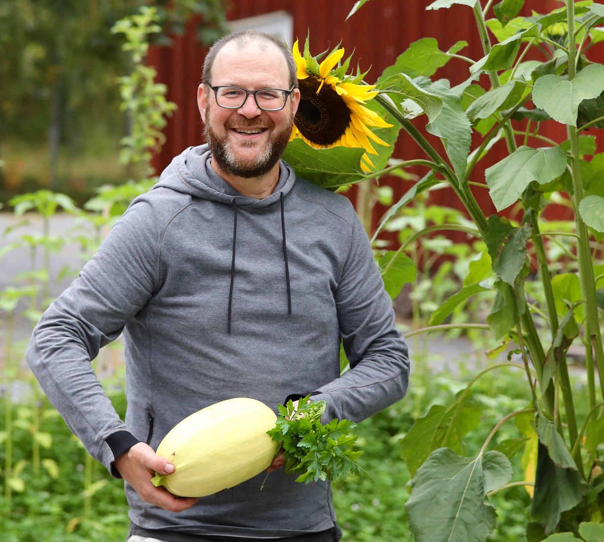 en man står vid en solros med en pumpa i händerna