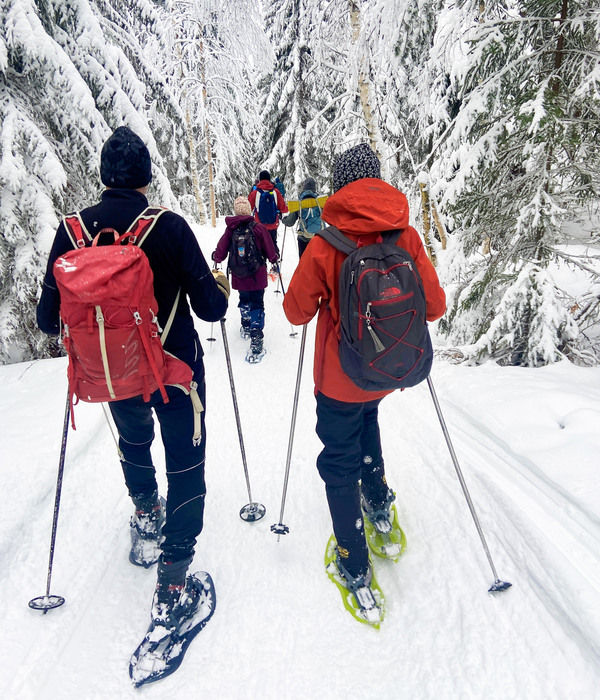 Fem personer på snöskor vandrar i skogen.