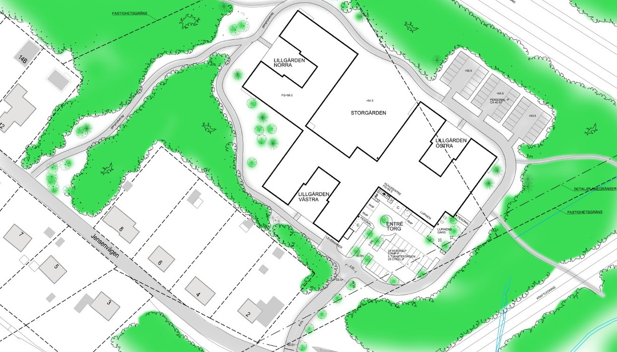 kartskiss med en stor byggnad inritad i en skog