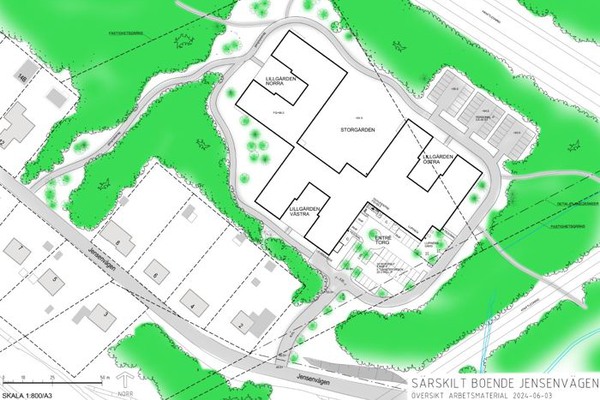 kartskiss med en stor byggnad inritad i en skog